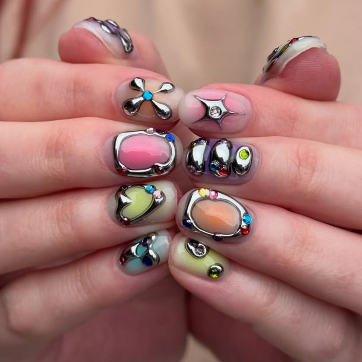 Short Oval 3D Press-On Nails, Mint Green False Nails with Raised Resin Details and Colorful Rhinestone Accents, Cute Everyday Nail Art
