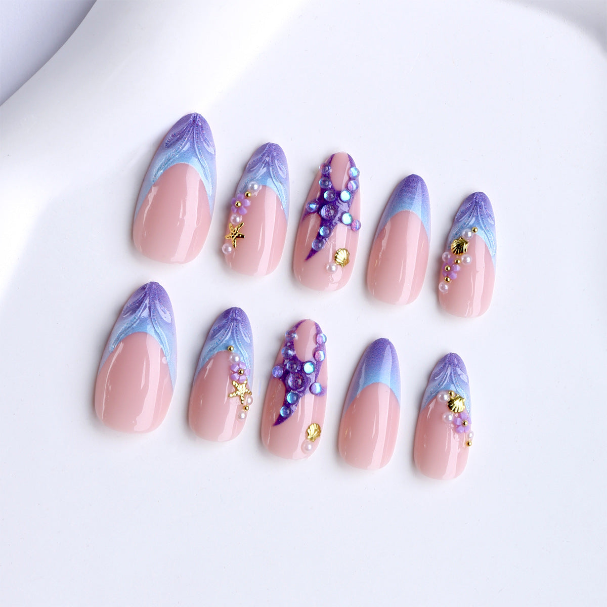 Purple Rhinestone Almond Press-On Nails, Handmade French Fake Nails with 3D Line Art Details, Glamorous Sparkling European & American Style Manicure Set