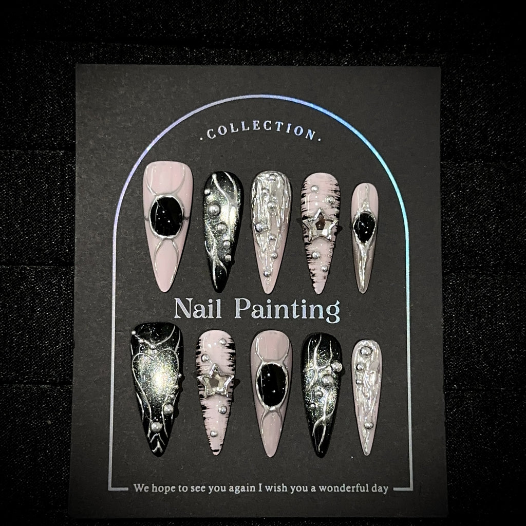 Handmade Black & Pink Cat-Eye Long Press-On Nails – Luxury Y2K Hand-Painted Star False Nails
