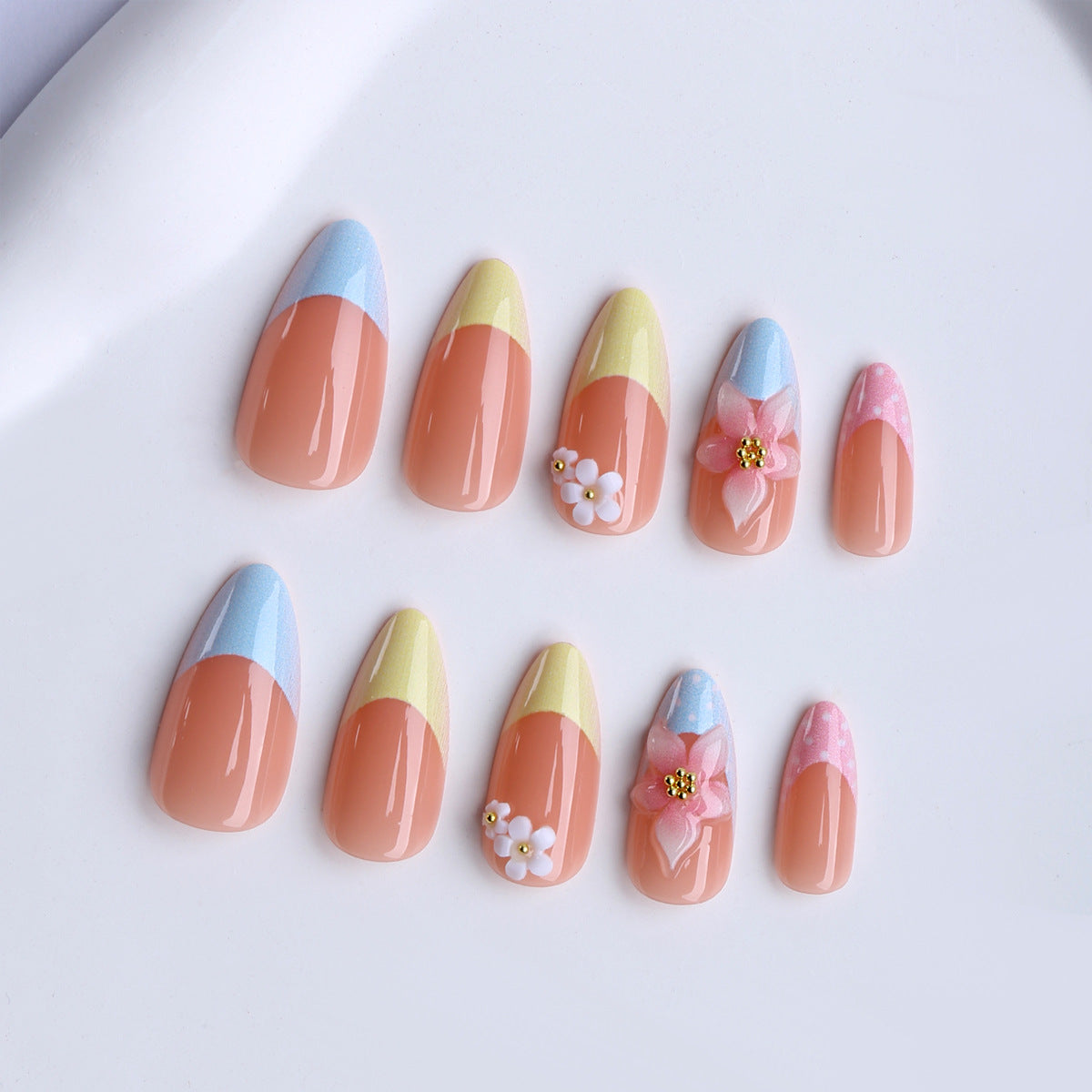 Medium-Long Almond Press-On Nails, Handmade 3D Floral French Fake Nails with Rhinestone Details, Elegant Embossed Flower Manicure Set for Women