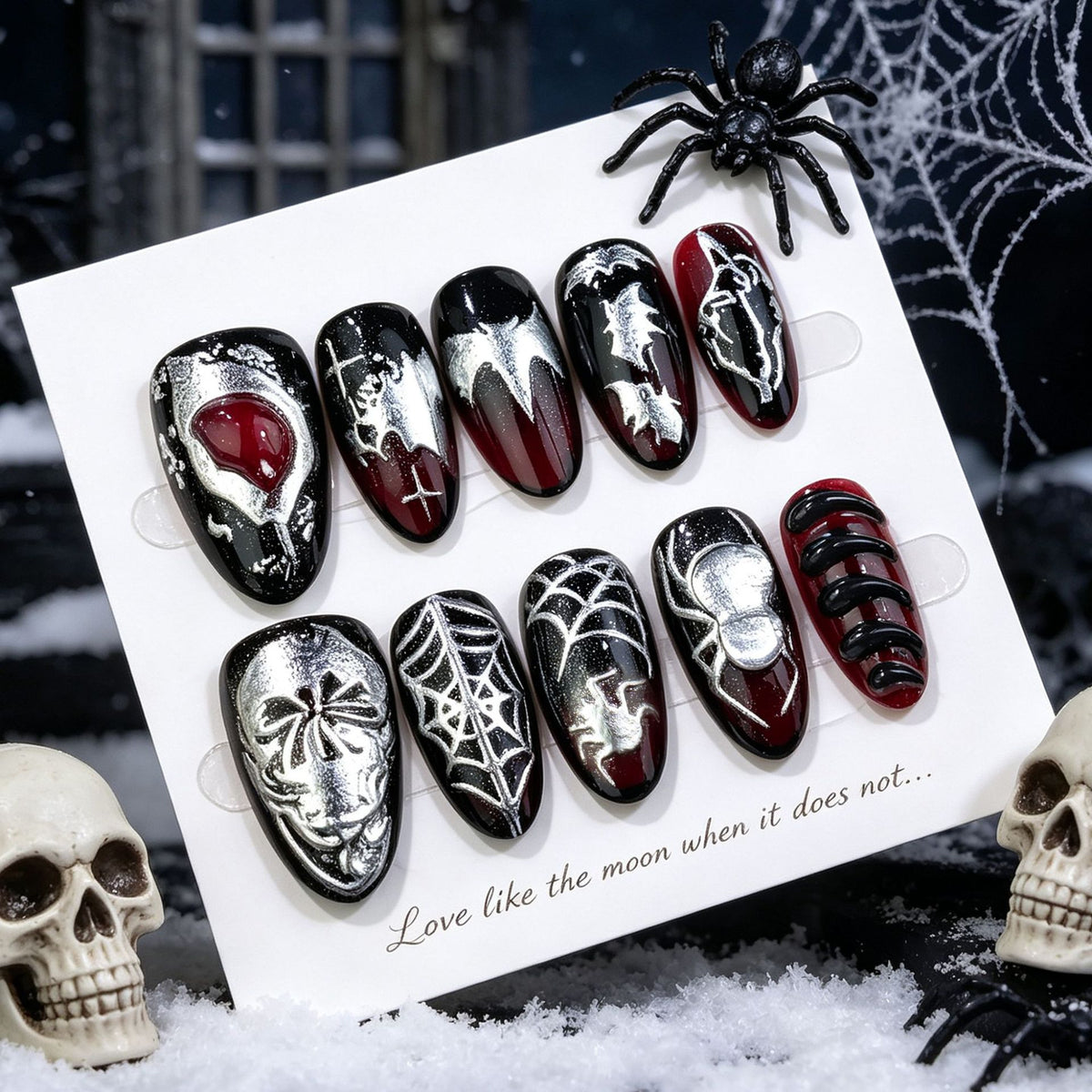 Y2K Halloween 3D Spider & Bat Almond Press-On Nails – Gold Embellished Design, 30-Piece Set