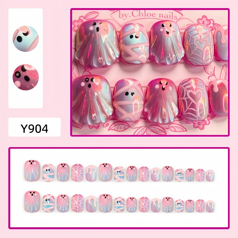 Halloween Cute Ghost Cat-Eye Press-On Nails – Sweet Heart, Spider Web, Mummy & Pink Dripping Slime False Nails, Spooky Kawaii Reusable Nail Art Set 👻💗🕸️