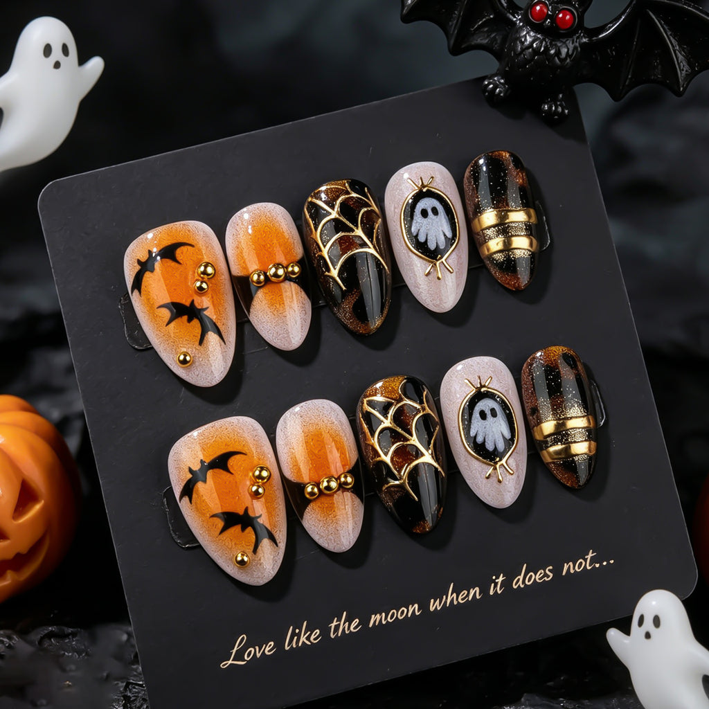 Halloween Ghost Press-On Nails – Gold Spider Web & Bat Almond Nail Design, 30-Piece Set