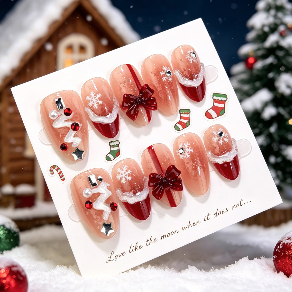 3D Snowflake Rhinestone Christmas Tree Almond Press-On Nails, Cute Bow French Tip Holiday Fake Nails, Glamorous Christmas Nail Art