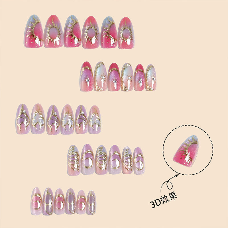 Handmade Luxury Press-On Nails, Aurora 3D Gold-Leaf Almond False Nails, Elegant Iridescent Nail Tips for Women