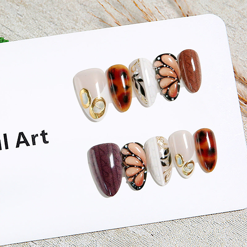 Handmade 3D Embossed Press-On Nails, Hand-Painted Butterfly & Leopard Print, Almond-Shaped Mocha Brown False Nails, Elegant Luxury Nail Tips for Women