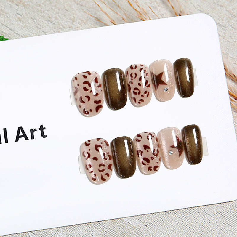 New Leopard Print Press-On Nails, Oval-Shaped Mocha Brown False Nails with Star Design, Trendy Statement Nail Tips for Women