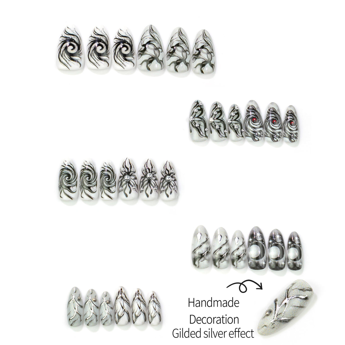 Y2K Gothic Press-On Nails – Dark Swirl & Gold Foil Almond Nail Set, 30 Pieces