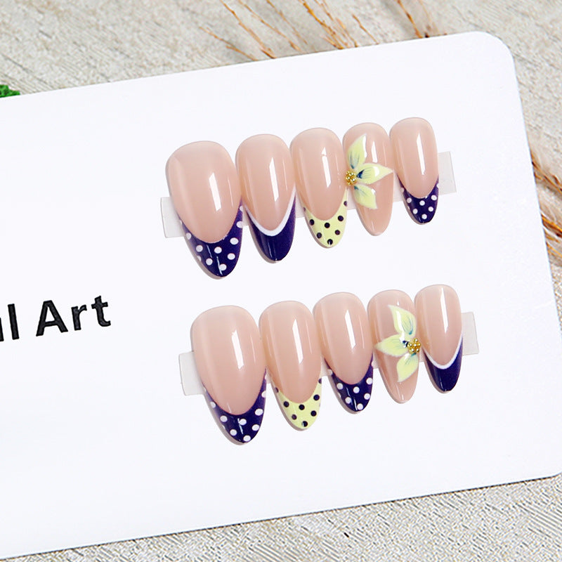 Trending French Tip Press-On Nails, Polka Dot Color-Block Almond Nails, 3D Floral False Nails, Ready-to-Wear Nail Tips 💅🌸