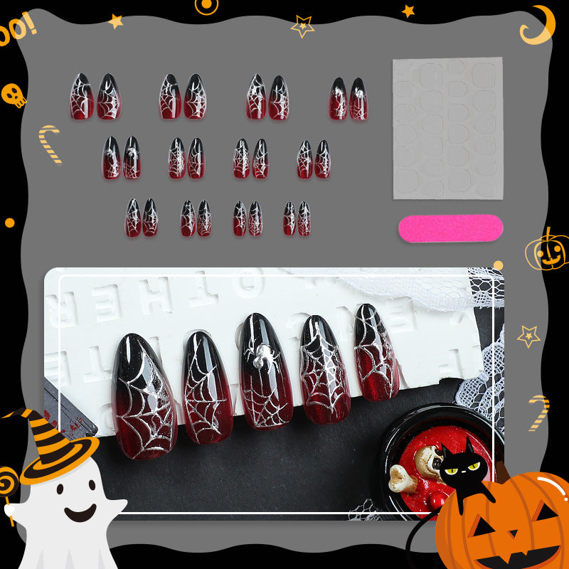 Halloween Dark Red Gradient Glitter Almond Press-On Nails – Handmade Spider Web Design, 24-Piece Set