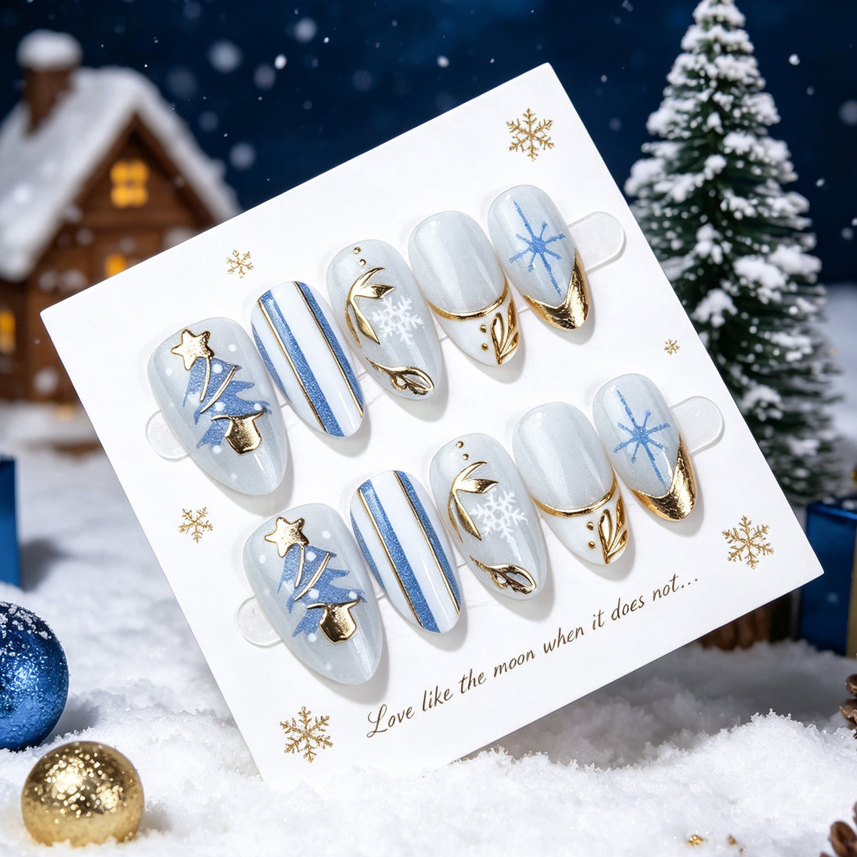Christmas Gold Almond Press-On Nails – Sparkling Snowflake French Tips & Christmas Tree Design, 30-Piece Set**