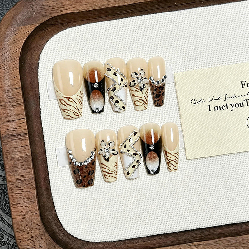 Leopard Print Press-On Nails, Medium Tapered Blush Nails, Handmade Rhinestone & 3D Floral Nail Tips 💅🐆🌸