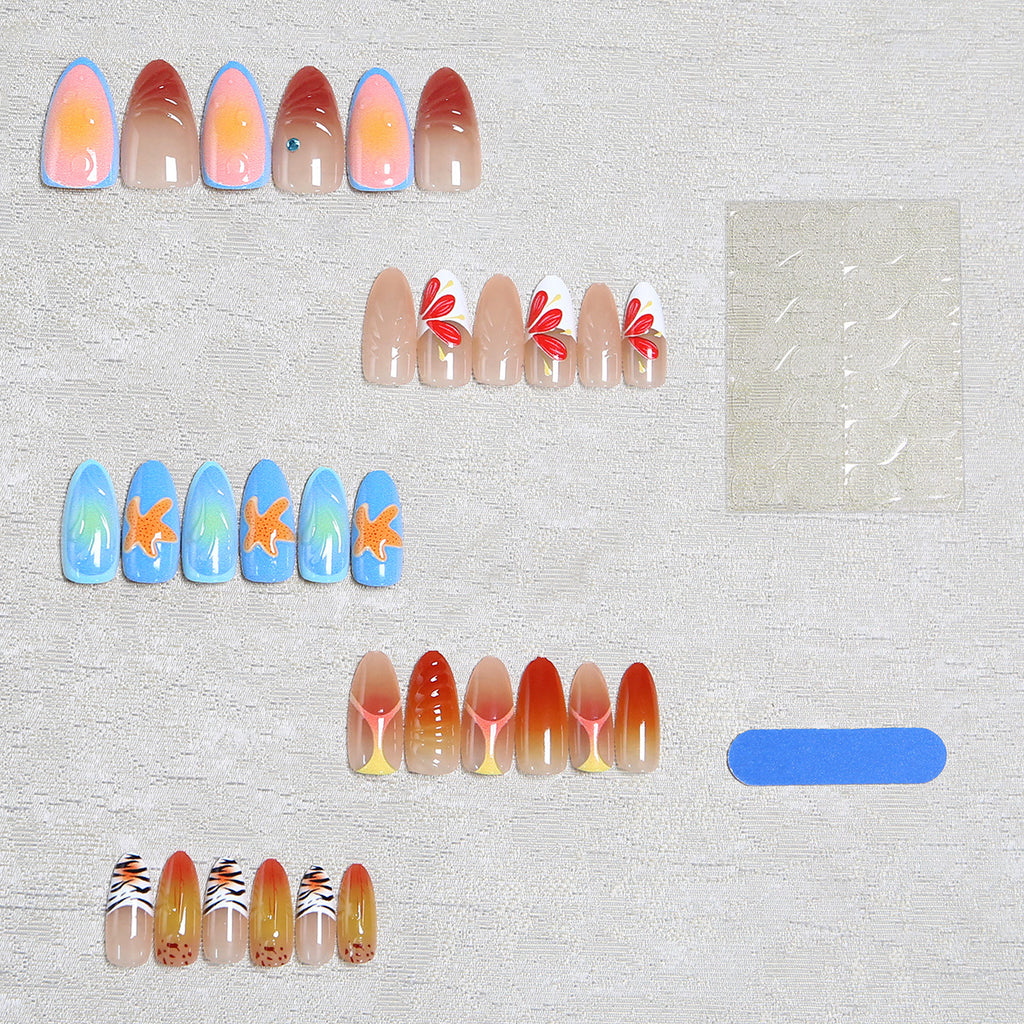 Handmade 3D Press-On Nails, Starfish & Seashell Almond False Nails with Floral Blush Gradient, Tropical Island Vacation Style Nail Tips for Women