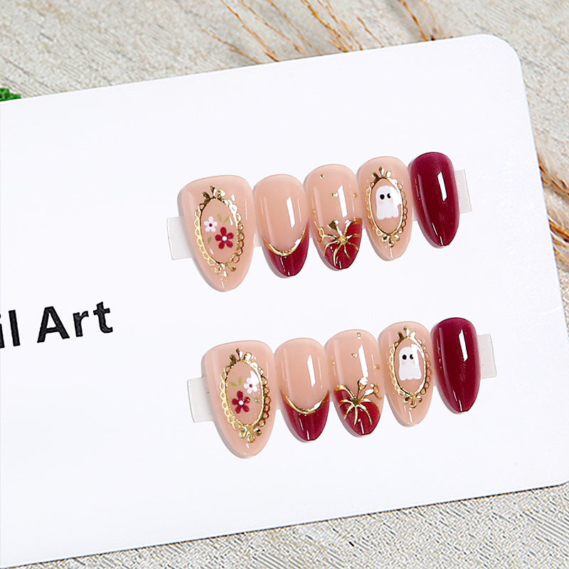Handmade Halloween Almond Press-On Nails, Cute Ghost & Pumpkin Design, Sweet & Cool False Nails, Trendy Nail Tips for Women & Girls