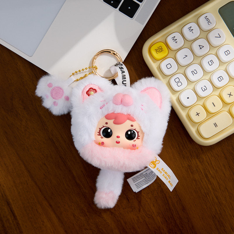 Samuel SanXiaoMao Paw Paw Plush Blind Box Keychain Toy, Cute Kawaii Bag Charm Pendant, Soft Collectible Mini Doll, Birthday Christmas Gift for Girls