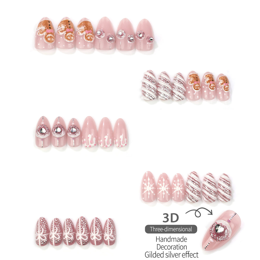 Christmas 3D Cute Snowman Almond Press-On Nails, Gold-Accented Snowflake Nail Tips, Sweet Holiday Fake Nails, 30-Piece Set