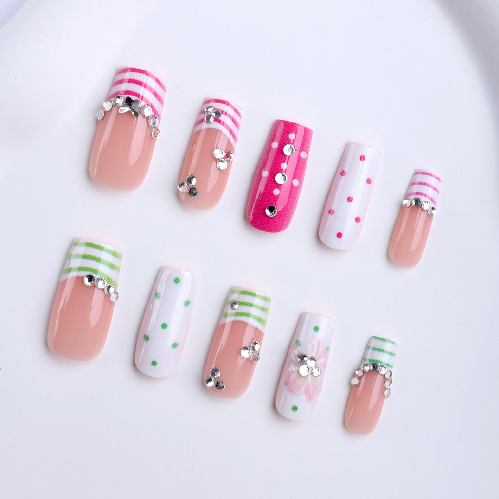 Dopamine Handmade Press-On Nails, Polka Dot Floral Print Design with Hand-Applied Rhinestones, Colorful & Playful Nail Art Tips
