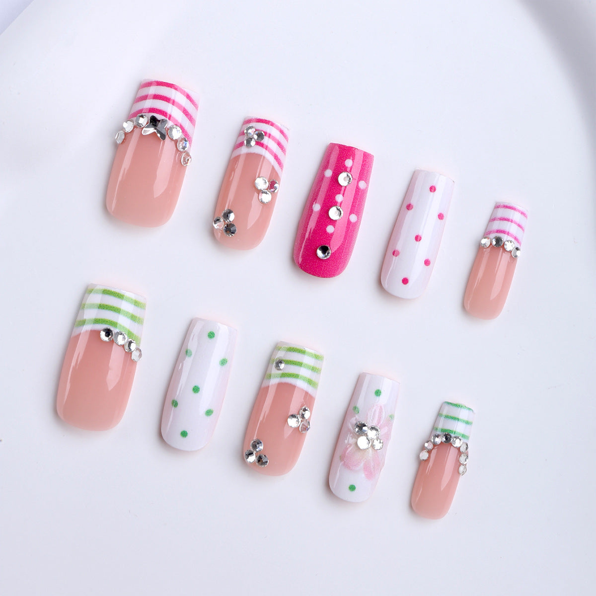 Dopamine Handmade Press-On Nails, Polka Dot Floral Print Design with Hand-Applied Rhinestones, Colorful & Playful Nail Art Tips