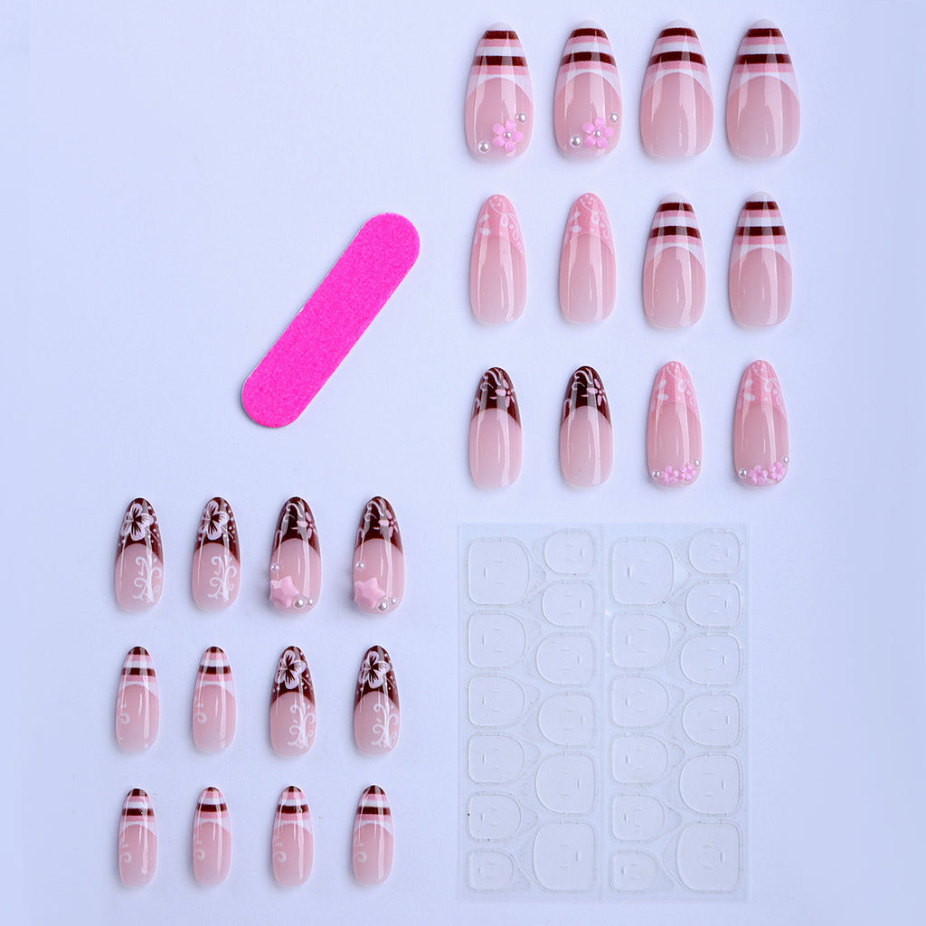 Handmade Almond Press-On Nails, Pink & Brown Striped Floral Nail Tips, Flower & Line Design Reusable False Nails 🌸💅