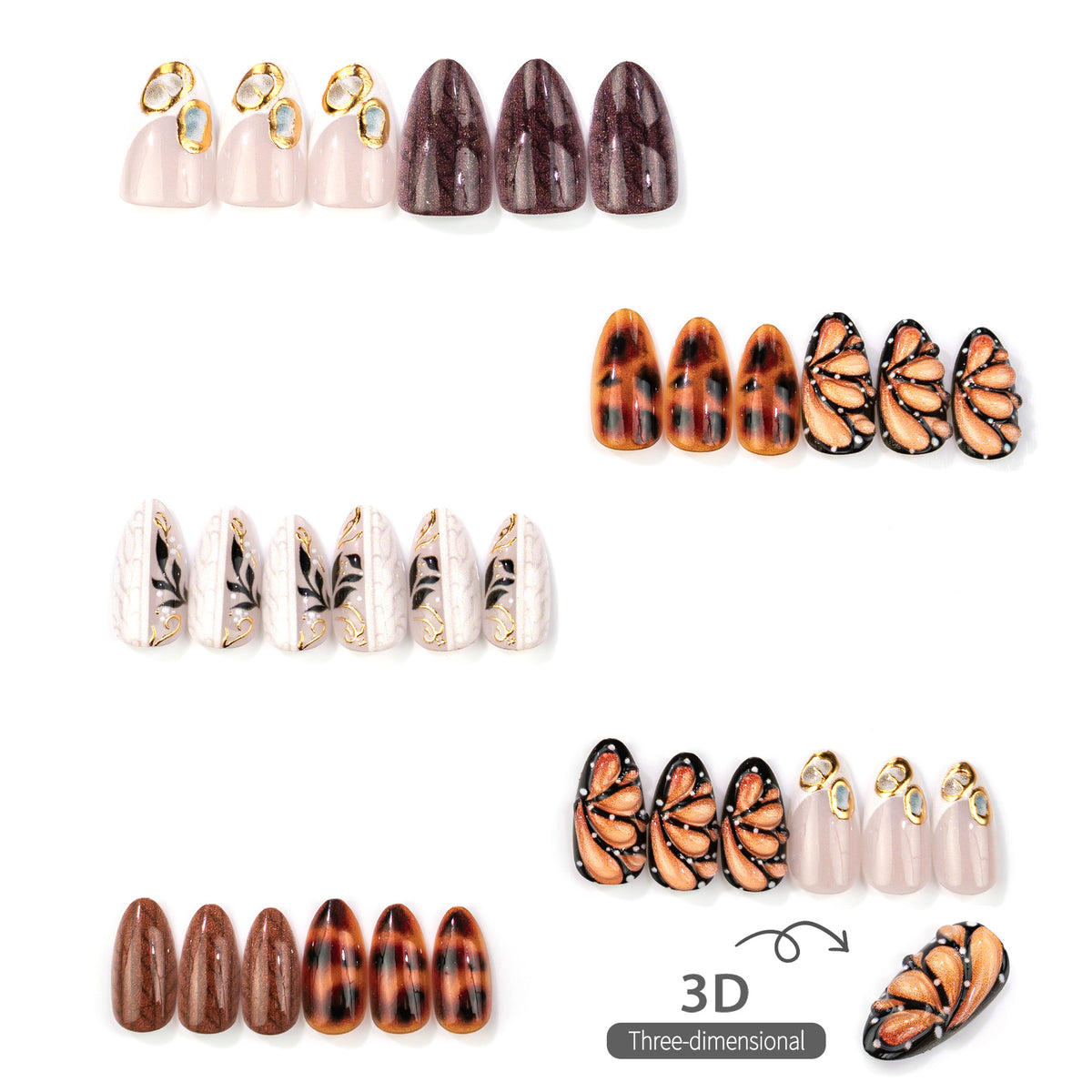 Fall Winter Brown Butterfly Almond Press-On Nails – Elegant Leopard Print & Gold Design, 30-Piece Set