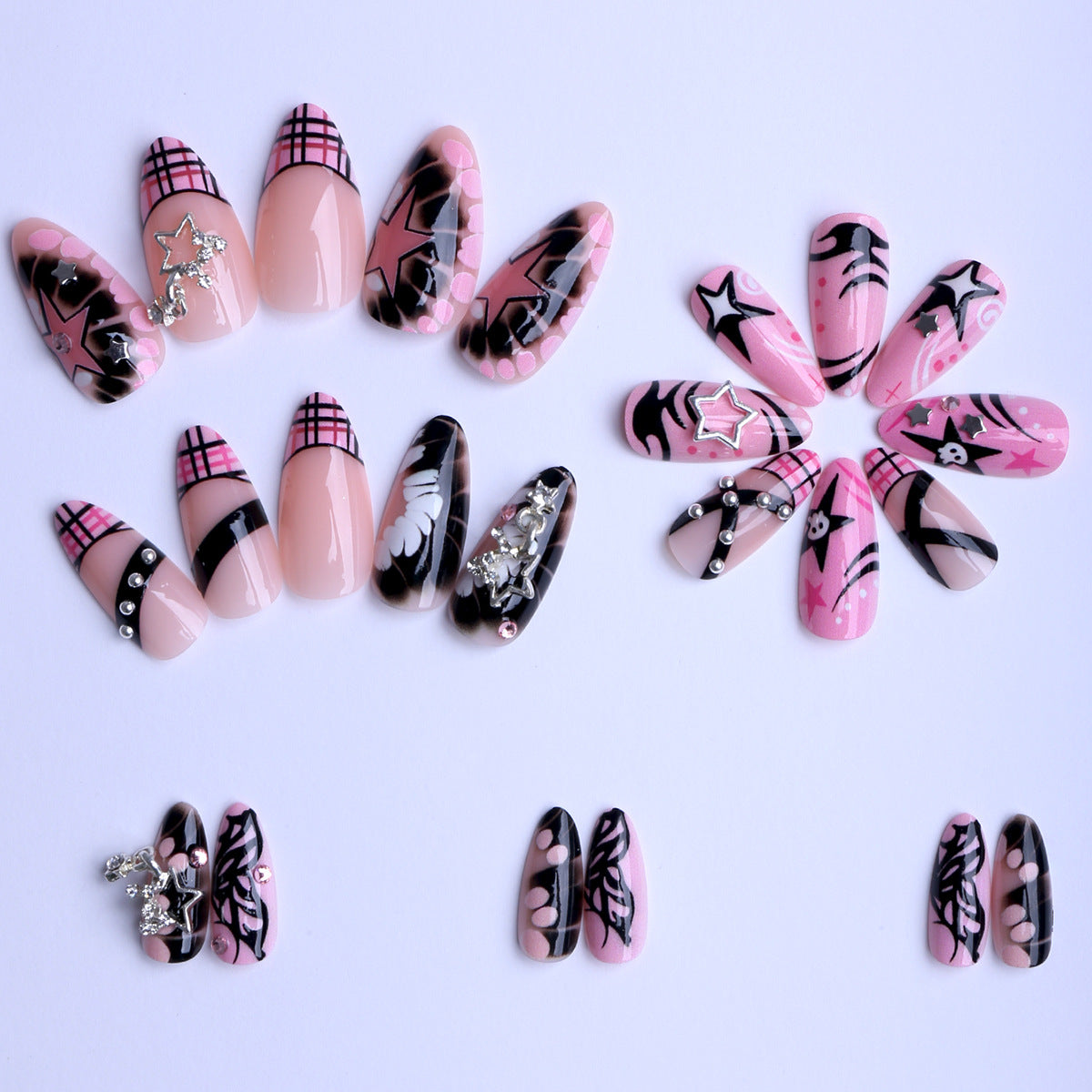 Pink Barbie Y2K Press-On Nails, Sweet & Edgy Girl Style with 3D Star and Butterfly Rhinestones, Sparkling Statement Fake Nails
