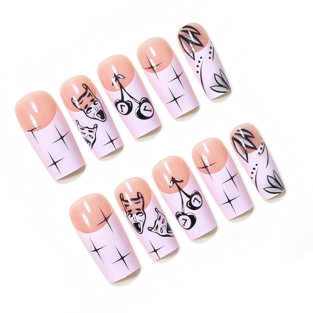 Black Starry Cherry Mask White French Press-On Nails, Edgy Sweet-Cool Removable False Nails, Trendy Gothic-Inspired Nail Art