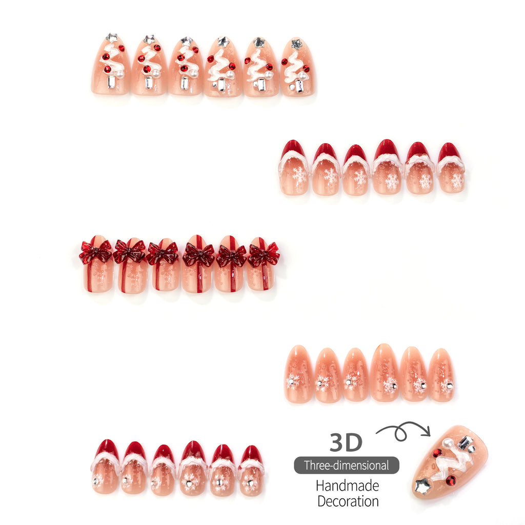 3D Snowflake Rhinestone Christmas Tree Almond Press-On Nails, Cute Bow French Tip Holiday Fake Nails, Glamorous Christmas Nail Art