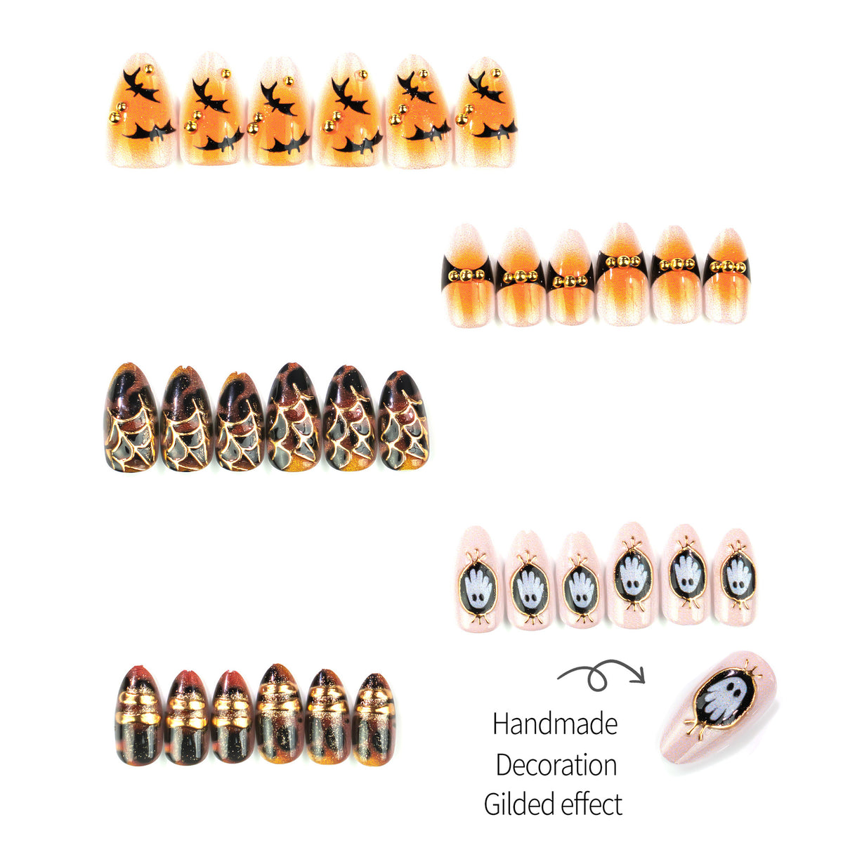 Halloween Ghost Press-On Nails – Gold Spider Web & Bat Almond Nail Design, 30-Piece Set