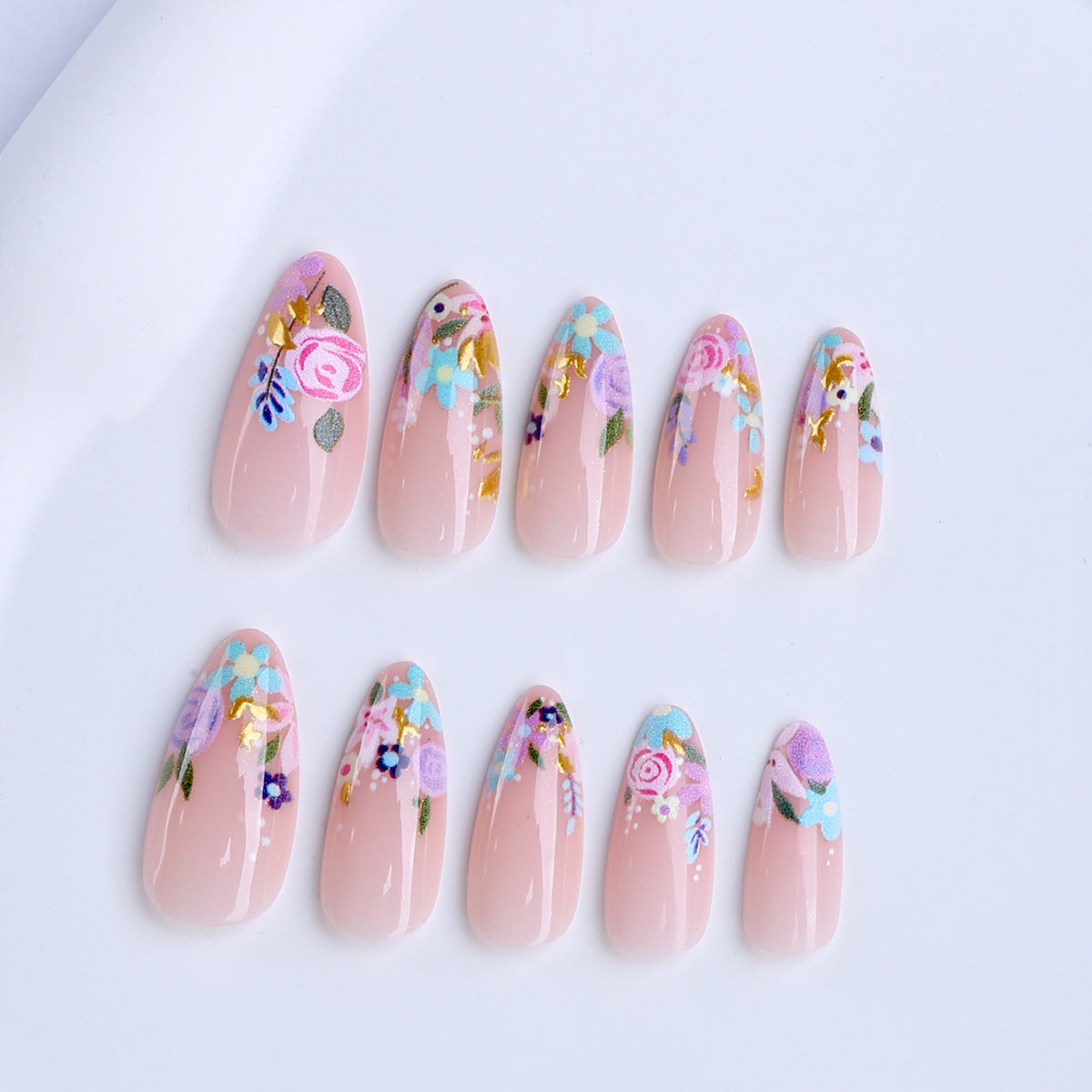 Handmade Almond Press-On Nails, Gold Floral Print Design with Gilded Gold Accents, Elegant Luxury False Nails for Women