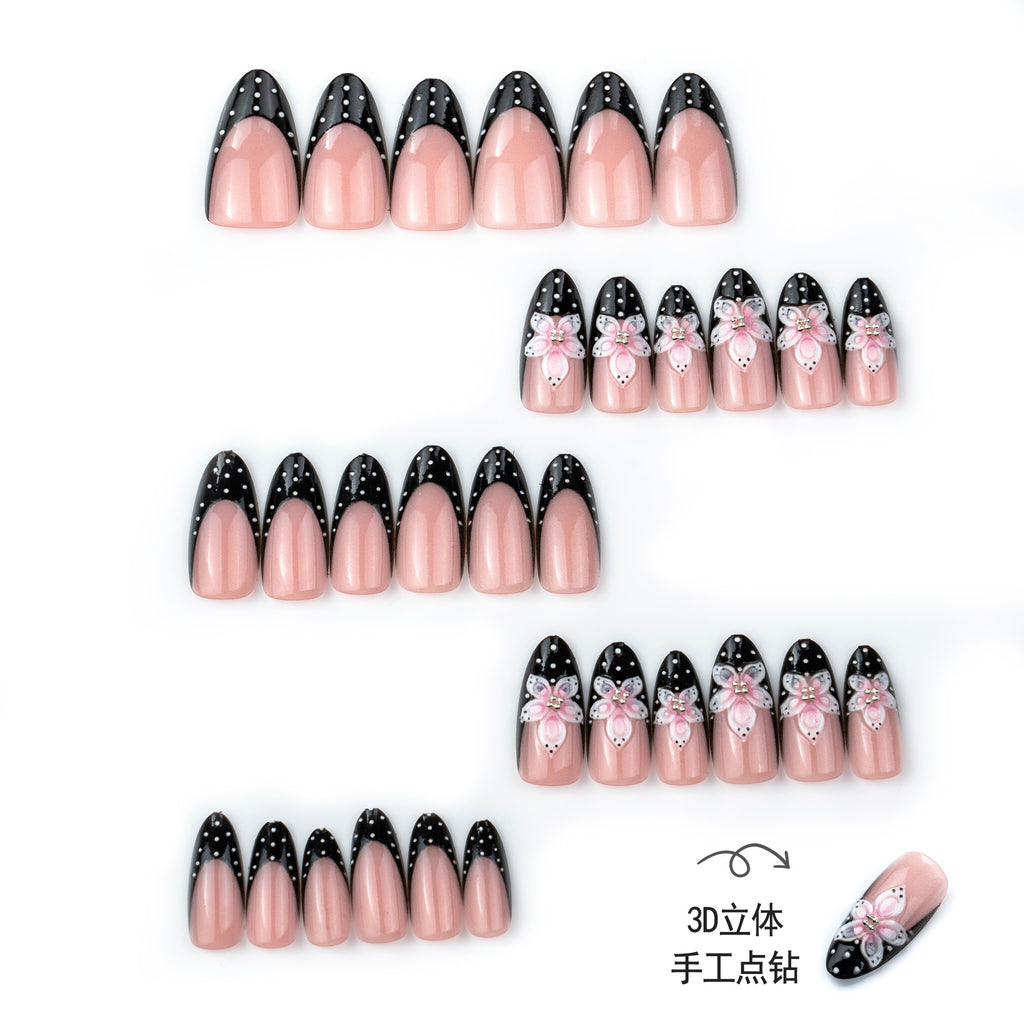 Sweet Blush Gradient Press-On Nails – 3D Flower, Rhinestone & Polka Dot French Almond Nails, 30-Piece Set