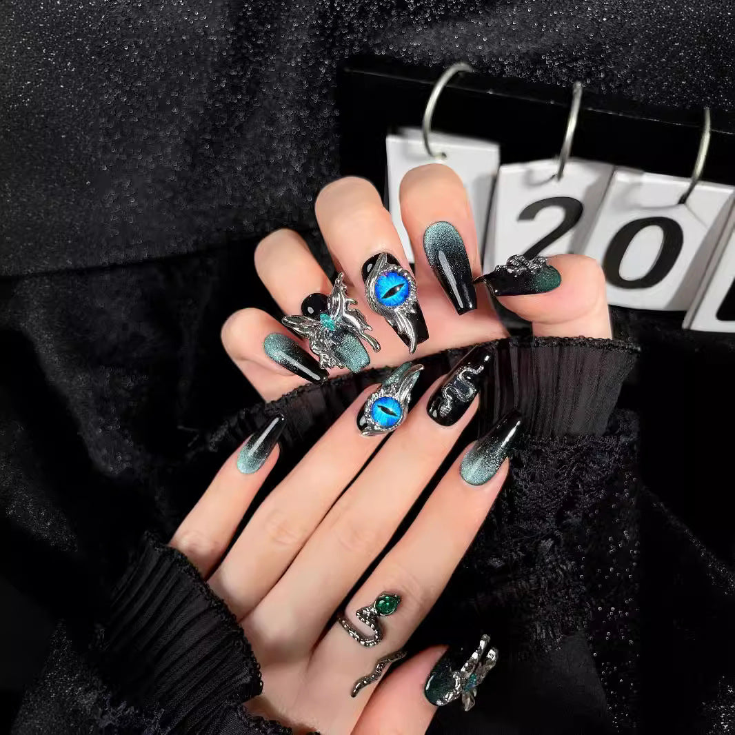 Handcrafted Premium Press-On Nails, 3D Metal Butterfly False Nails, Reusable & Removable, “Deep Sea Eyes” Medium Coffin Shape