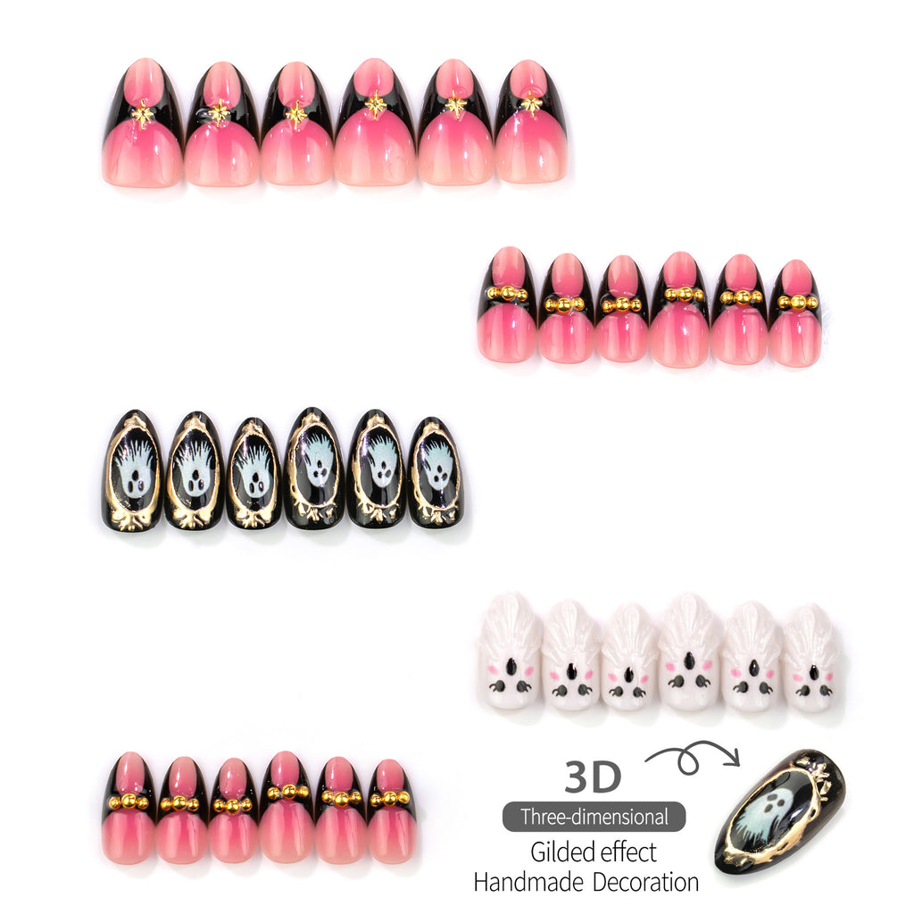 Pink Halloween Ghost Press-On Nails – 3D Gold Almond Nails with Cute Blush Design, 30-Piece Set