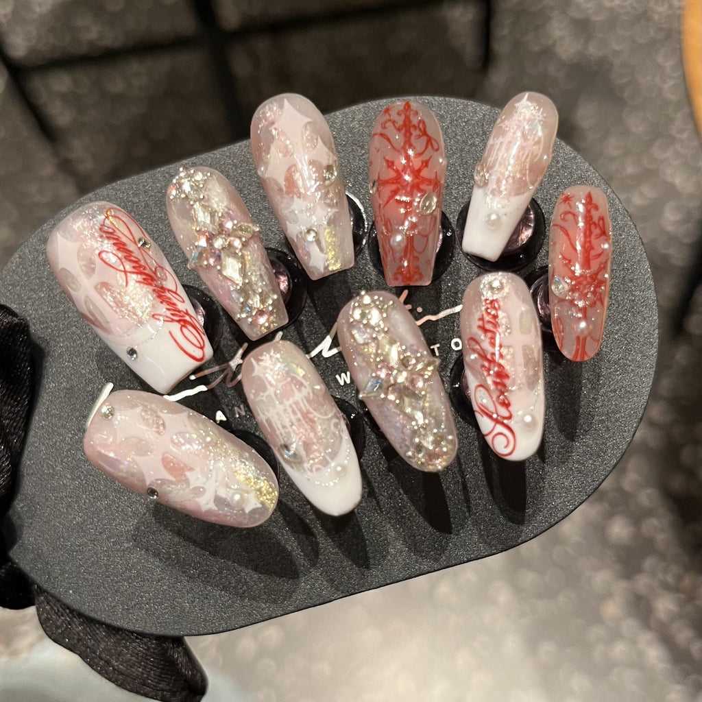 Handcrafted Couture “Judgment Angel” Press-On Nails – Pink & White French Cross Design with Luxe Rhinestone Embellishments