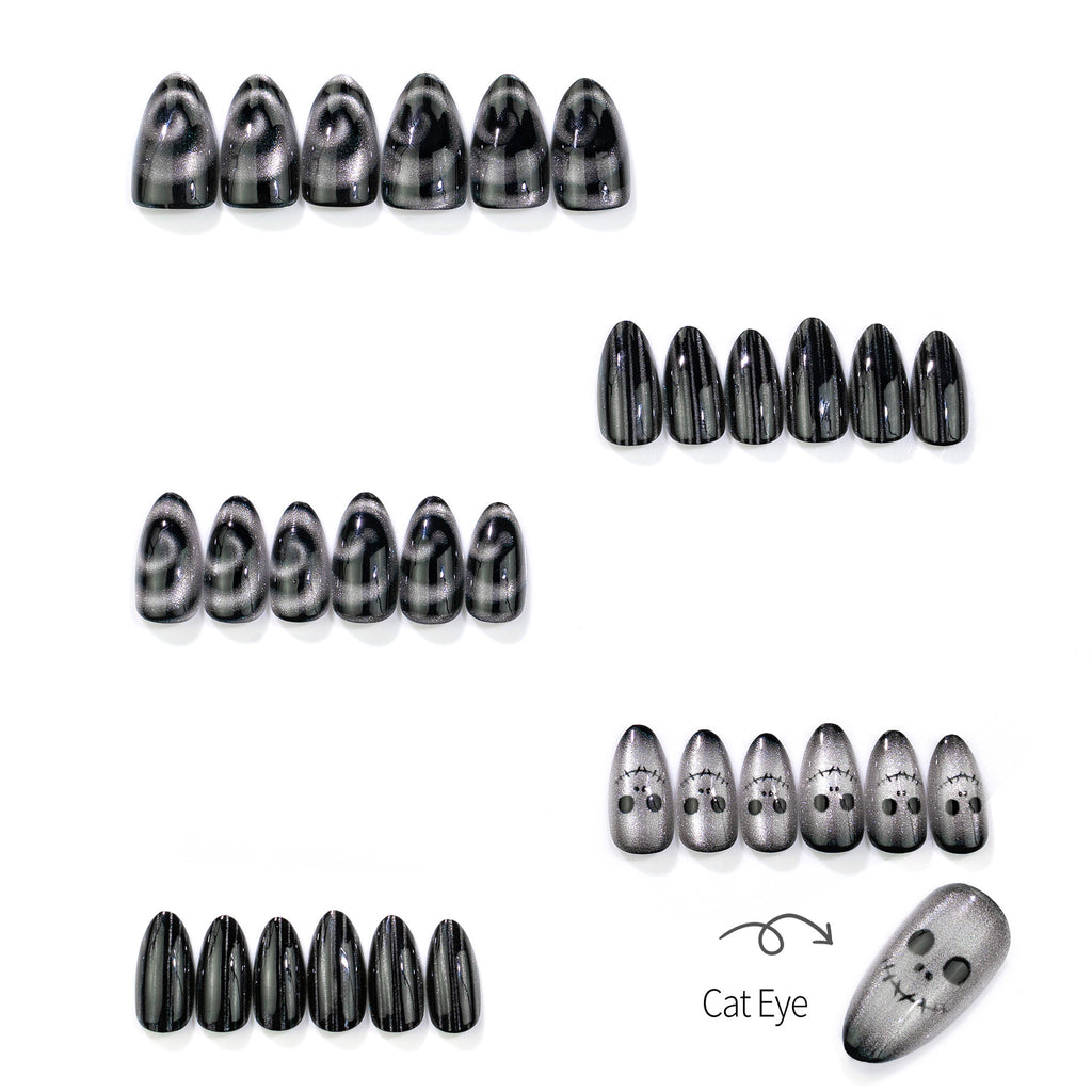 Halloween Black & White Ghost Cat Eye Almond Press-On Nails – Spooky Chic Design, 30-Piece Set