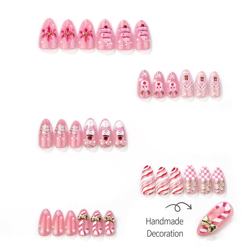 Pink Christmas Tree Almond Press-On Nails with Elegant Bow Design – 30-Piece Set
