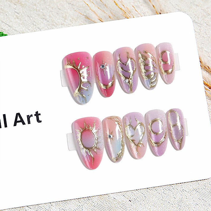 Handmade Luxury Press-On Nails, Aurora 3D Gold-Leaf Almond False Nails, Elegant Iridescent Nail Tips for Women