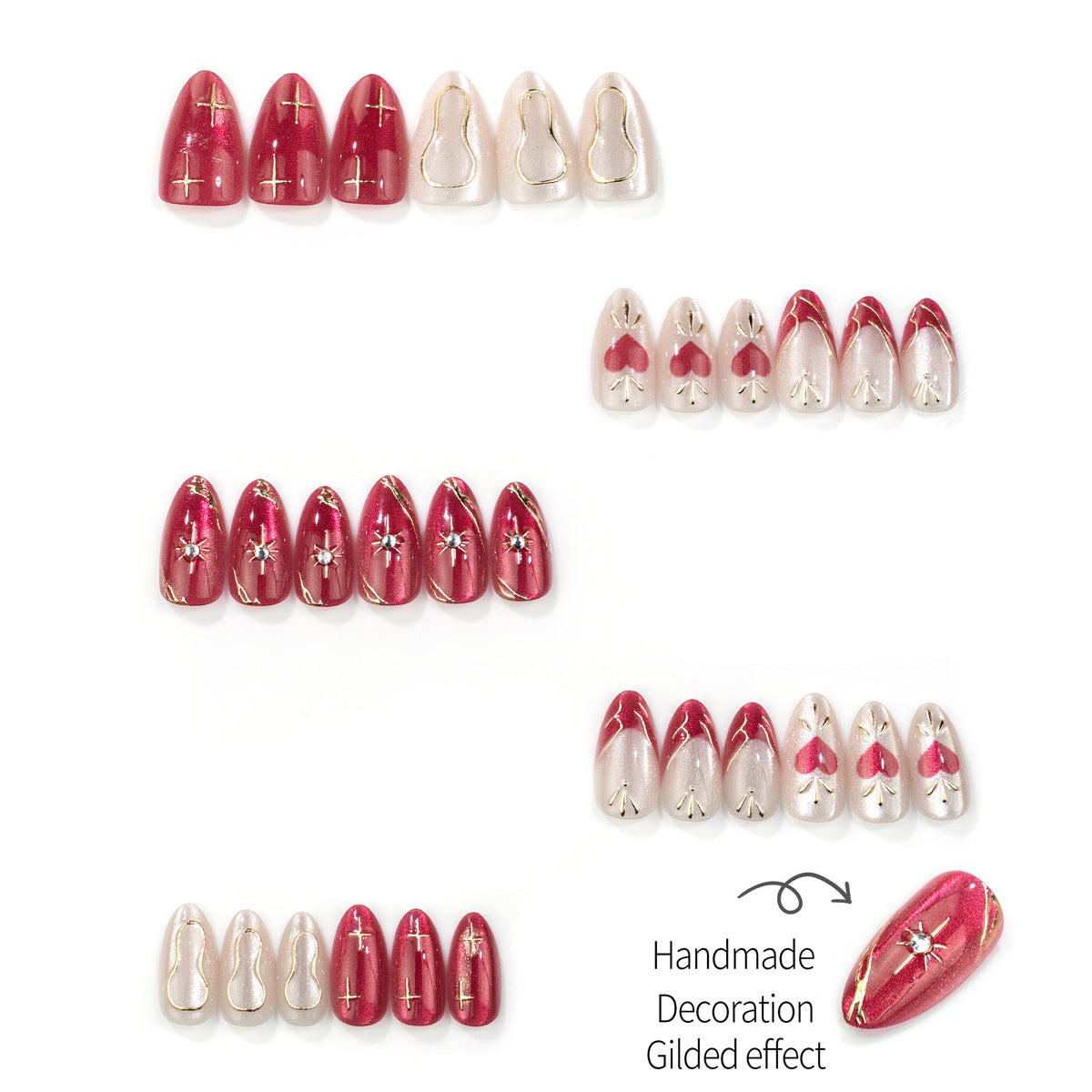 Sweet Heart Cat Eye Almond Press-On Nails with Elegant Gold French Tips – 30-Piece Nail Set