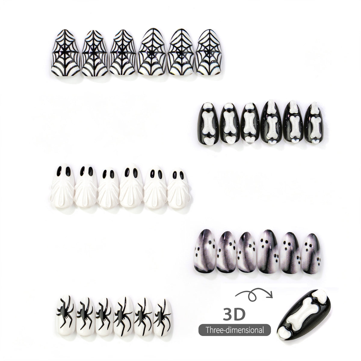 Cute 3D Ghost Halloween Press-On Nails – Short Almond Nails with Spider Web Design, In Stock