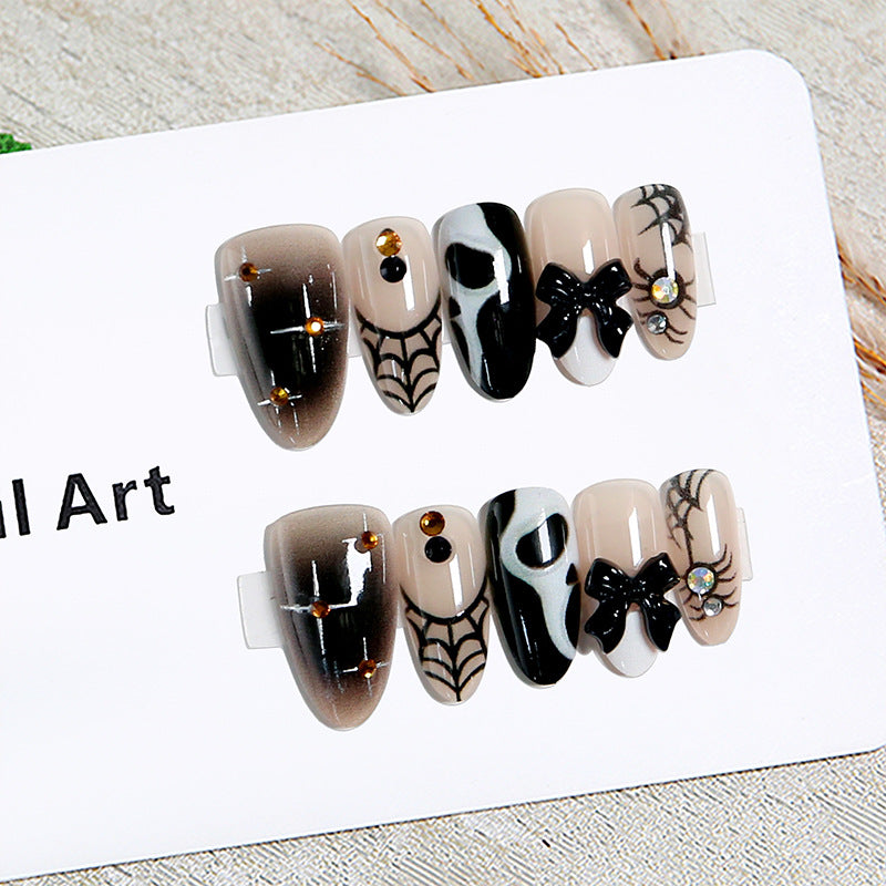 Handmade Halloween Almond Press-On Nails, Spider Web Design with Bow & Rhinestone Accents, Cute Trendy False Nails, Nail Tips for Women & Girls