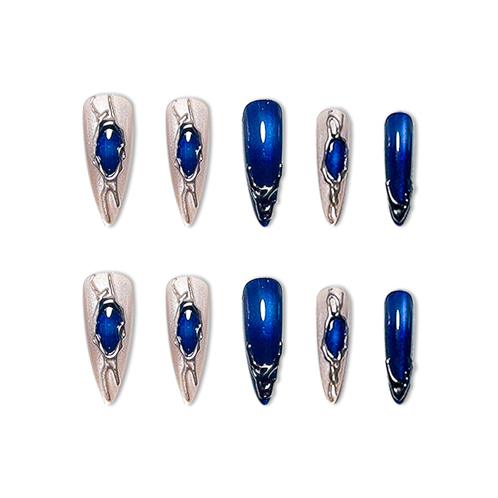 Sapphire Blue Cat Eye Press-On Nails – Gothic Metallic Cutout Long Almond Nails