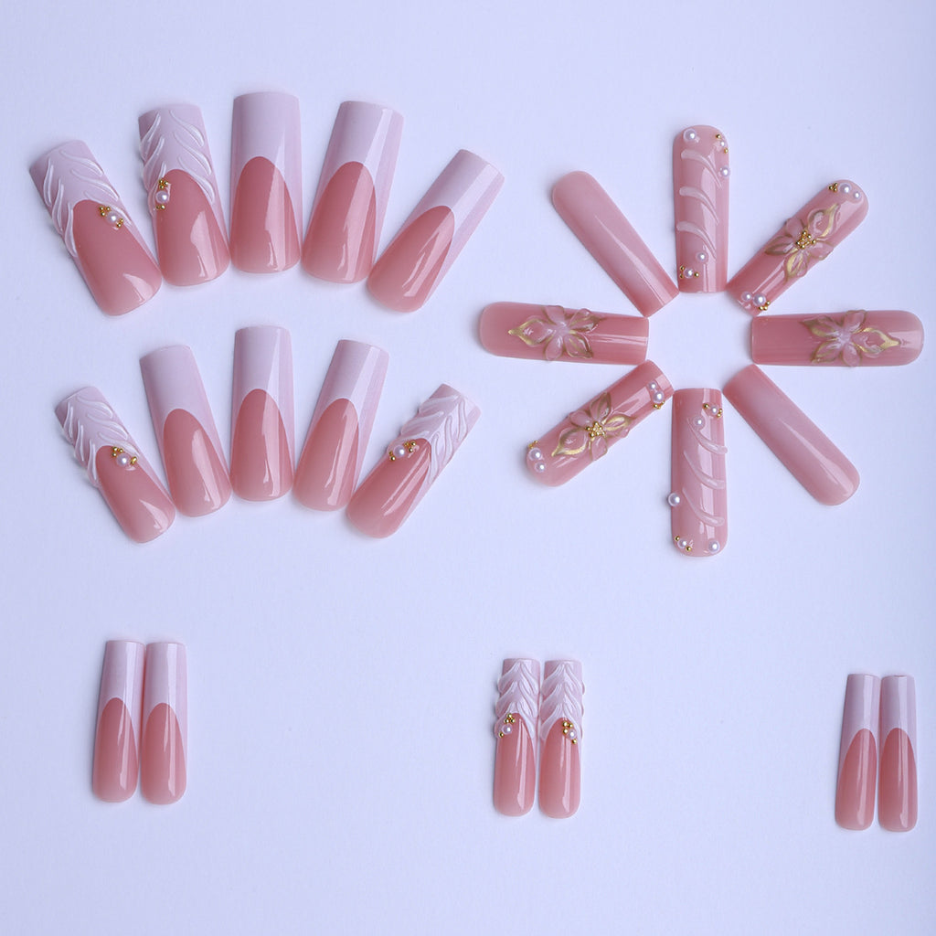 Long Coffin Press-On Nails, White Drip Gel, Gold-Accented 3D Floral Relief, Handmade Rhinestone Nail Tips 💅✨🌸