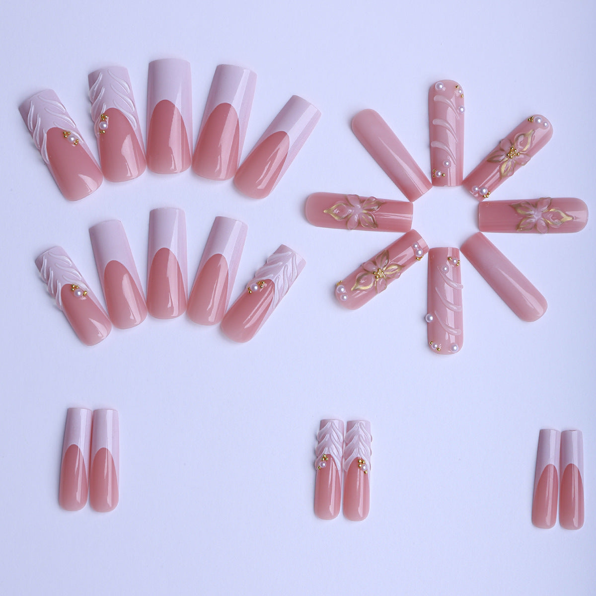 Long Coffin Press-On Nails, White Drip Gel, Gold-Accented 3D Floral Relief, Handmade Rhinestone Nail Tips 💅✨🌸