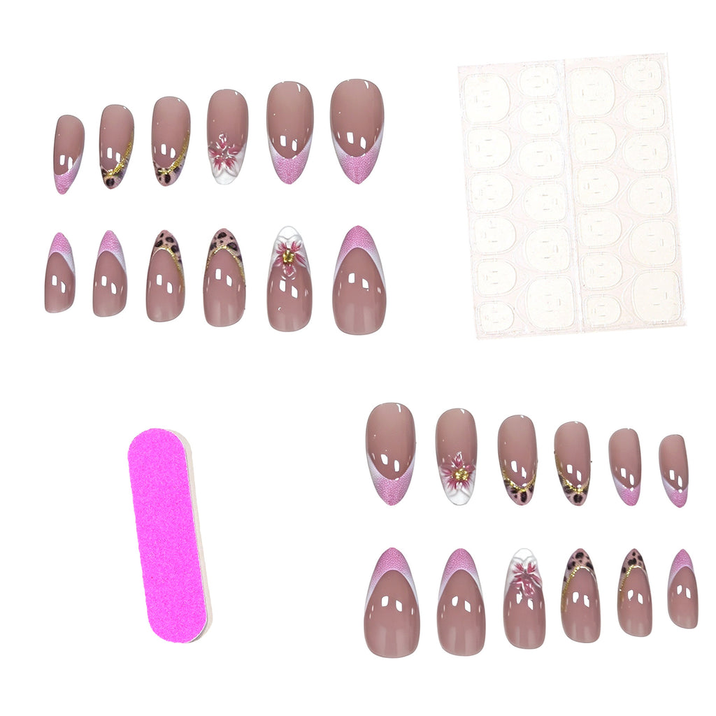 Handmade Leopard Print French 3D Flower Press-On Nails, Long Almond Shape, Bold Glamorous Nail Art for Women