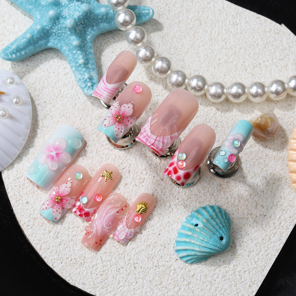 New Sweet & Edgy Pink French 3D Floral Press-On Nails – Hand-Sculpted Square False Nails with Rhinestone Accents, 24-Piece Set