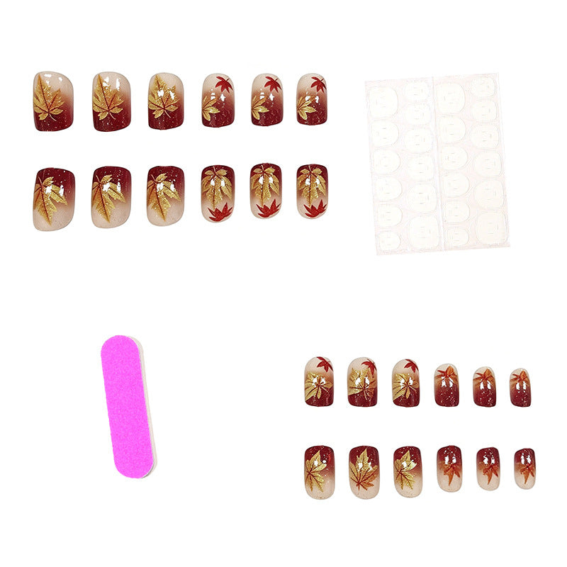 New Fall & Winter Press-On Nails, Glitter Gradient Maple Leaf Design, Vintage European & American Style, Short Square False Nails