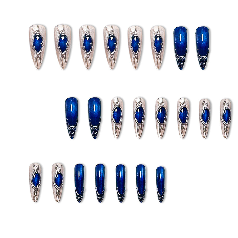 Sapphire Blue Cat Eye Press-On Nails – Gothic Metallic Cutout Long Almond Nails