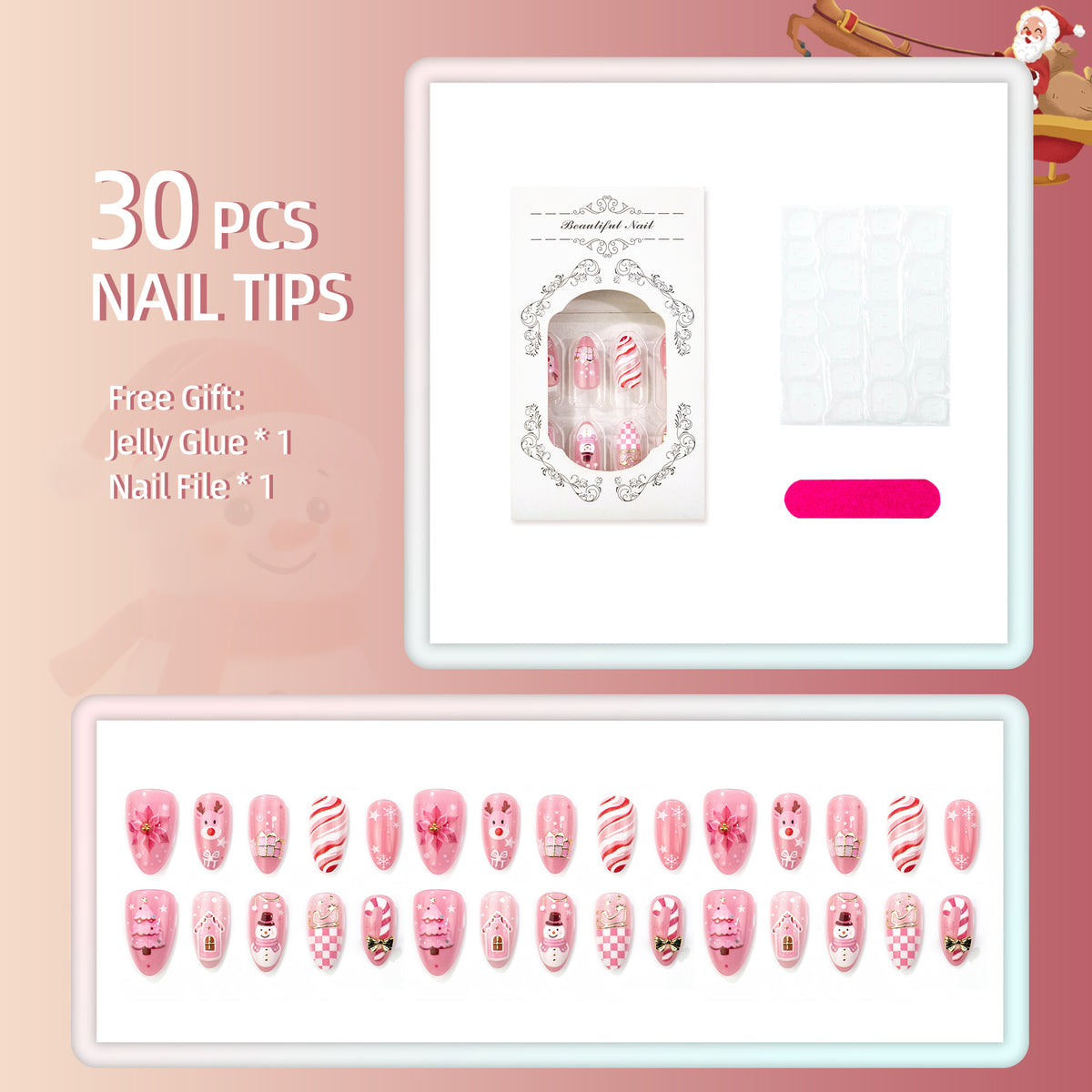 Pink Christmas Tree Almond Press-On Nails with Elegant Bow Design – 30-Piece Set