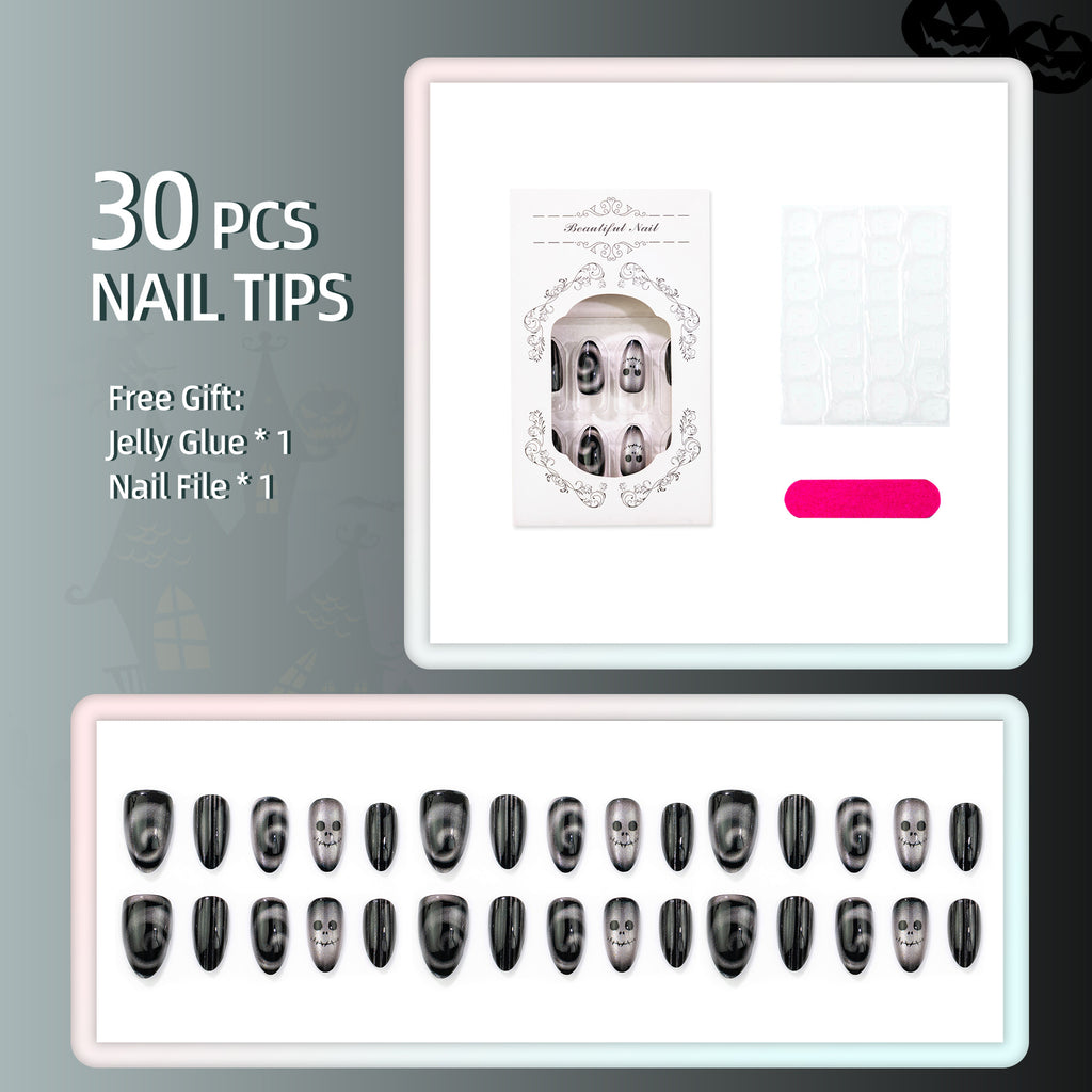 Halloween Black & White Ghost Cat Eye Almond Press-On Nails – Spooky Chic Design, 30-Piece Set