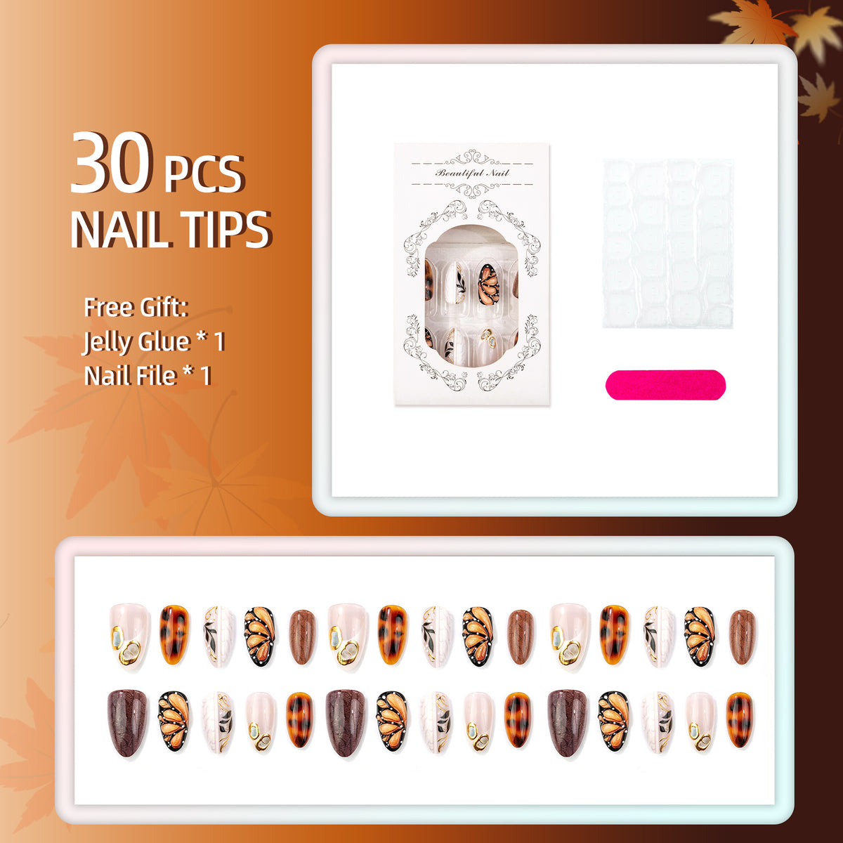 Fall Winter Brown Butterfly Almond Press-On Nails – Elegant Leopard Print & Gold Design, 30-Piece Set