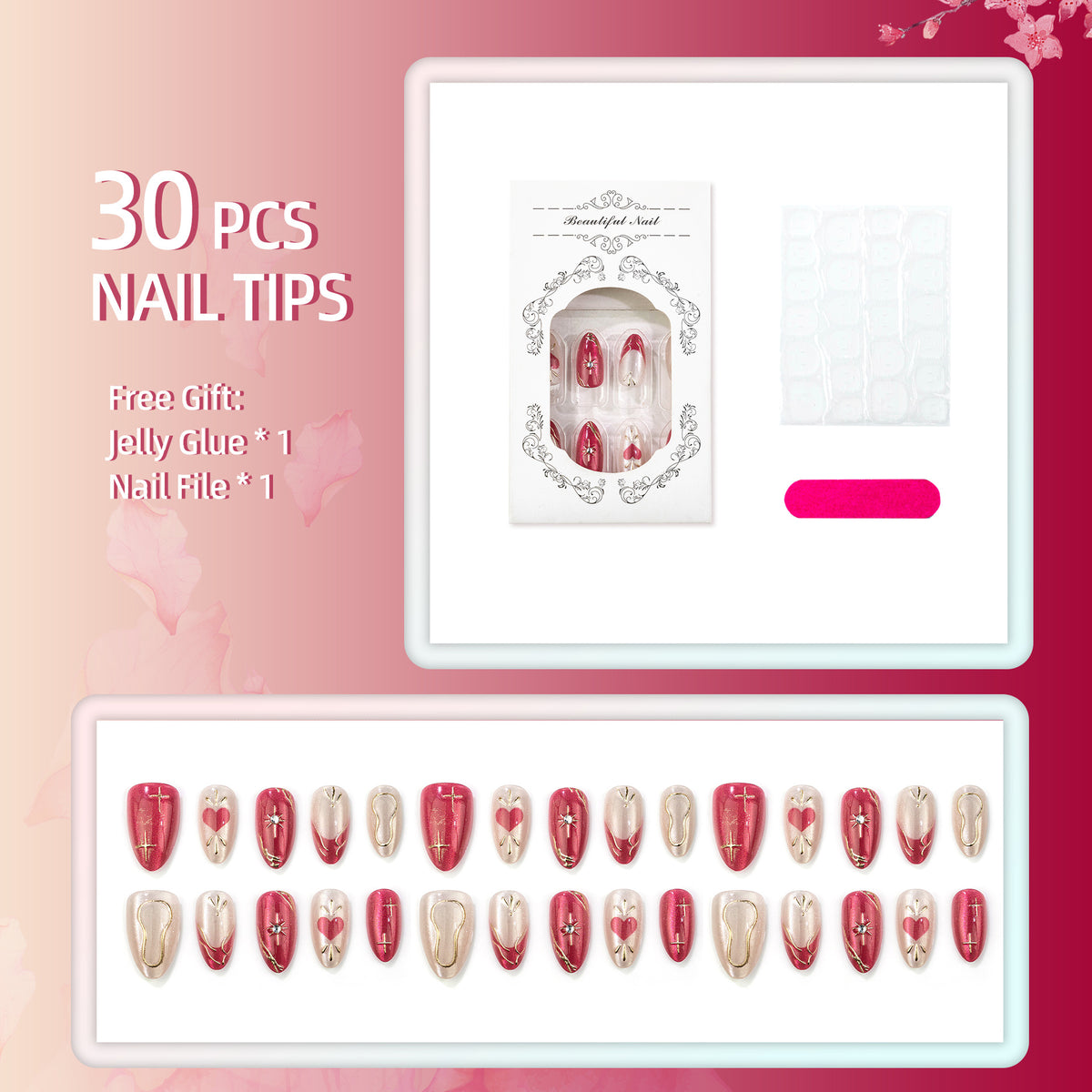 Sweet Heart Cat Eye Almond Press-On Nails with Elegant Gold French Tips – 30-Piece Nail Set